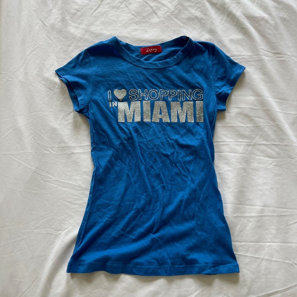 Y2K Lipsy I Love Shopping In Miami blue silver glitter print t-shirt XS